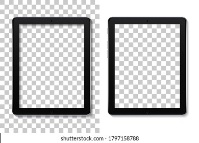 Tablet mockup with screen. Mock of ebook with touch. Ereader isolated on transparent background. Realistic black pad - pro device. Template pc with blank display for presentation of brand. Vector.