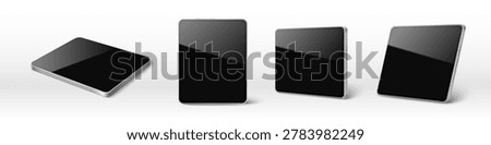 Tablet mockup set with blank black screen and silver metal frame. Realistic vector illustrations of pad device template, front and different angles view isolated on white background. 3d device design