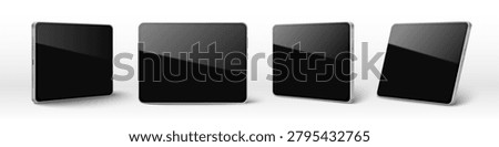 Tablet mockup set with blank black screen and silver metal frame. Realistic vector illustrations of pad device template, front and different angles view isolated on white background. 3d device design