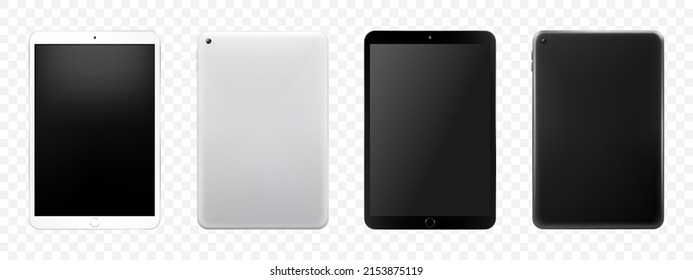 Conjunto de simulación de Tablet PC, Aislado en blanco. Comprimido negro y comprimido de color blanco. Vista frontal y posterior. Ilustración del vector 3d realista. Se puede utilizar para la demostración de aplicación de objeto. Se puede usar para web.