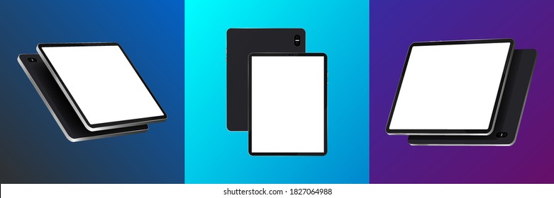 Tablet mockups on colorful background. 3D realistic gadgets on different position (frontal and rotated state) Vector tablet mockups very detailed devices. Vector collection 