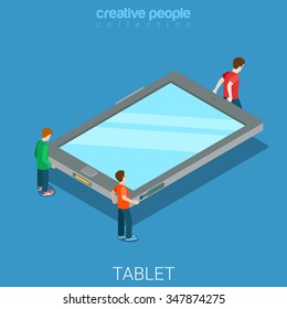 Tablet moving flat 3d isometry isometric technology concept web vector illustration. Young men bringing big empty touch screen tablet. Creative people collection.