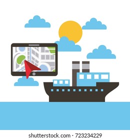 tablet with navigation ship boat ocean landscape
