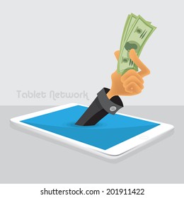 tablet network with hand, make money