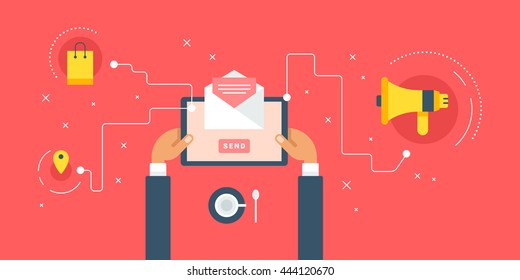 Tablet as a new mobile technology for communication, shopping. Horizontal colored flat vector illustration on red background 
