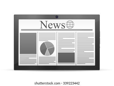 Tablet with newspaper on a white background.