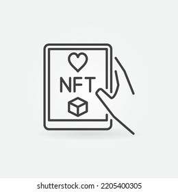 Comprimido con NFT en vector de contorno de mano Icono o símbolo de concepto de tecnología token digital no fungible