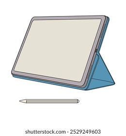 Tablet-Notebook und Stift auf weißem Hintergrund