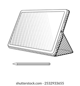 caneta stylus e notebook tablet sobre fundo branco