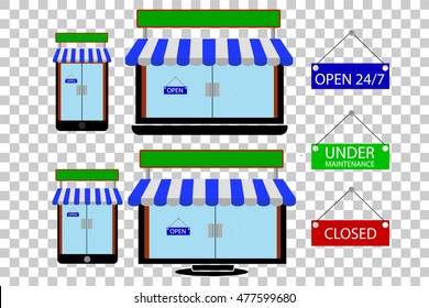 Tablet, Notebook, Smartphone and LCD Screen with automatic sliding door and sign, Element Design for Online Shop
