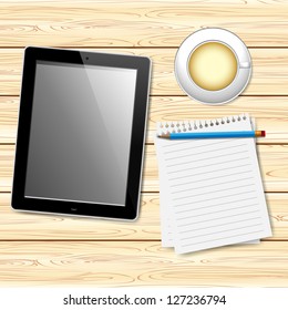 Tablet, notepad, pencil and cup of coffee on wooden background