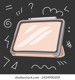 A tablet on a dark background with scribbles. A brand new one with highlights on the screen against the background of workflows. Ready to draw