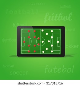 Tablet on green background with the word football in different languages. Laptop screen shows a football field. Image in vector format