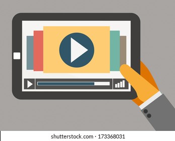 tablet on the hand with video player vector