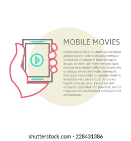tablet on the hand with video player and place for your text., line vector illustration eps 10