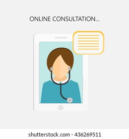 The tablet on a light background, a woman doctor with stethoscope on the screen, concept of online diagnostics, vector illustration in flat style