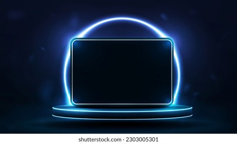 A tablet on a podium with a neon round arch on a dark blue background.