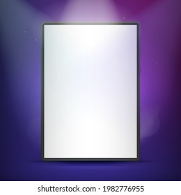 Tablet on a podium for a product presentation or showcase with spotlights on a blue colored background. 3D modern minimalist layout. Vector illustration.