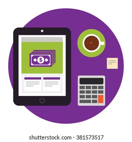 Tablet on the table with a cup, calculator and note with money on the screen