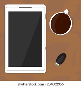 The tablet is on the table with a mug of coffee and a memory card. Vector illustration phone