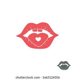 Tablette auf Zunge, Lippen und Medizin für Liebe, Vektorillustration, Illustration, flache Silhouette, Rosa, Rot
