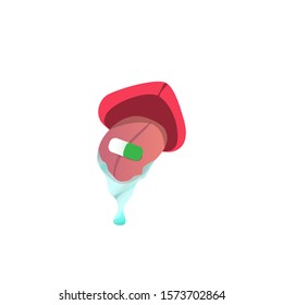 Tablet On The Tongue, Open Mouth, Dripping Saliva. Vector Graphics.