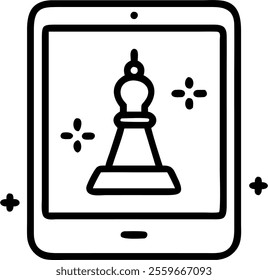 A tablet on white background displaying holographic scales and chess king icons leaving copy space concept as High angle shot of a modern tablet against a pure white background. On its screen glossy g