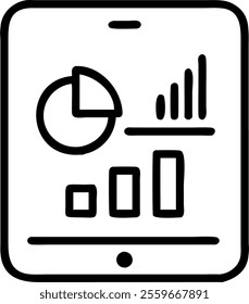 Tablet on white background with holographic bar chart and pie chart icons concept as A high resolution image of a tablet resting on a spotless white background. Two glowing holographic icons�a bar cha