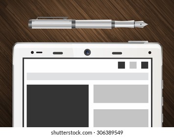Tablet on wooden table with paper and pen  vector illustration