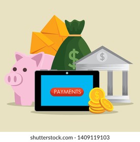 tablet with online banking and money bag with piggy