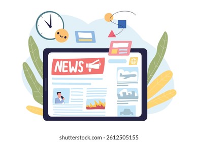 Tablet online news. Social media internet newspaper in computer tab, mobile website digital press daily news content electronic paper monitor device concept vector illustration original artwork