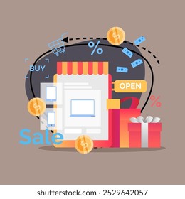 Tablet with online store showcase on screen, gift boxes vector illustration. Purchasing gadgets and presents in internet shop. E-commerce, discount, sale concept for banner or web design