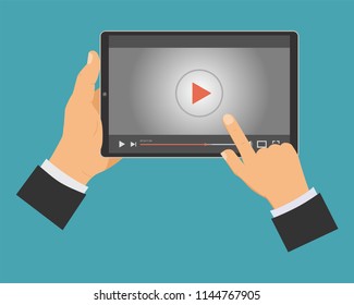 Tablet with online video in the hands of man. Vector illustration.