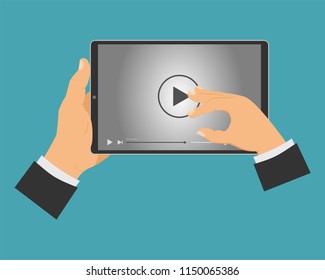 Tablet with online video in the hands of man. Vector illustration.