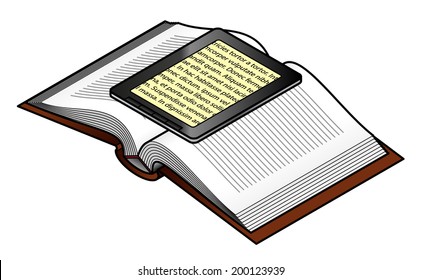 A tablet and an open book.