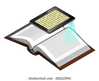 A tablet and an open book. Using the tablet as a magnifying glass.