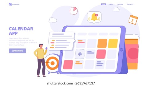 Tablet with open calendar and characters managing tasks and time. Flat illustration with characters for landing page. Vector illustration collection for website, banner, print.