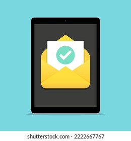 Tablet With Open Email Message With Tick In A Flat Design