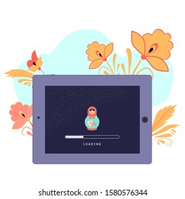 A tablet with an operating system loading screen with an image of a Russian nesting doll. The concept of an independent Russian Internet. Russian software. Vector illustration.