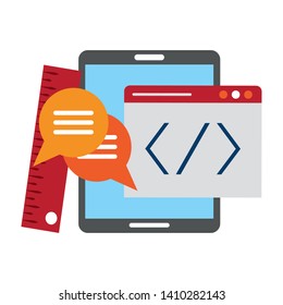 Tablet operative system under construction with settings symbols vector illustration graphic design