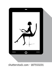 tablet pad girl pc surf internet silhouette vector version