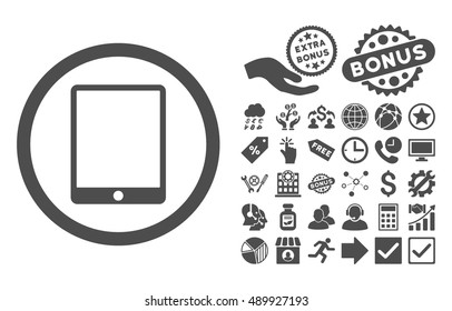 Tablet Pad icon with bonus clip art. Vector illustration style is flat iconic symbols, gray color, white background.