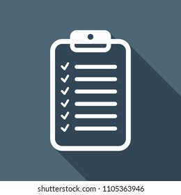 Tablet and paper, checklist with check marks. Linear, thin outline. White flat icon with long shadow on background