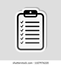 Tablet and paper, checklist with check marks. Linear, thin outline. Sticker style with white border and simple shadow on gray background