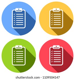 Tablet and paper, checklist with check marks. Linear, thin outline. Set of white icons with long shadow on blue, orange, green and red colored circles. Sticker style