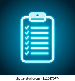 Tablet and paper, checklist with check marks. Linear, thin outline. Neon style. Light decoration icon. Bright electric symbol