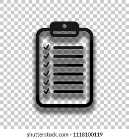 Tablet and paper, checklist with check marks. Linear, thin outline. Black glass icon with soft shadow on transparent background