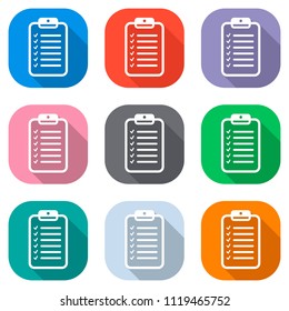 Tablet and paper, checklist with check marks. Linear, thin outline. Set of white icons on colored squares for applications. Seamless and pattern for poster