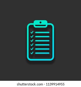 Tablet and paper, checklist with check marks. Linear, thin outline. Colorful logo concept with soft shadow on dark background. Icon color of azure ocean