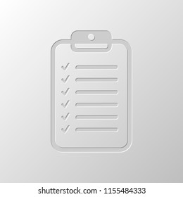 Tablet and paper, checklist with check marks. Linear, thin outline. Paper design. Cutted symbol. Pitted style